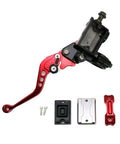 Universal Seven Eighths Inch 22 Millimeter CNC Hydraulic Brake Clutch Lever Master Cylinder With Dual Pump And Warning Switch Mirror Holder For Scooter Motorcycle ATV UTV Go Kart Red with accessory parts shown.