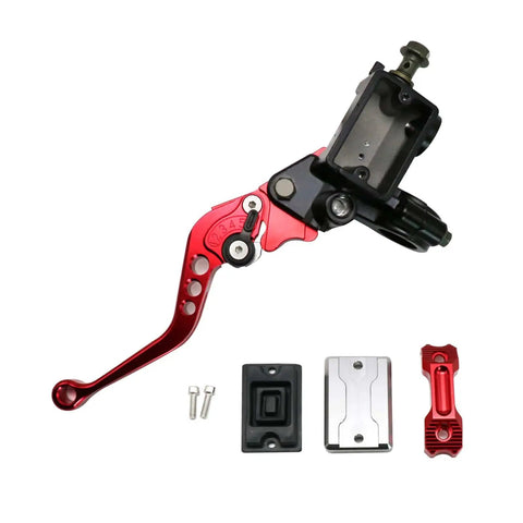 Universal Seven Eighths Inch 22 Millimeter CNC Hydraulic Brake Clutch Lever Master Cylinder With Dual Pump And Warning Switch Mirror Holder For Scooter Motorcycle ATV UTV Go Kart Red with accessory parts shown.
