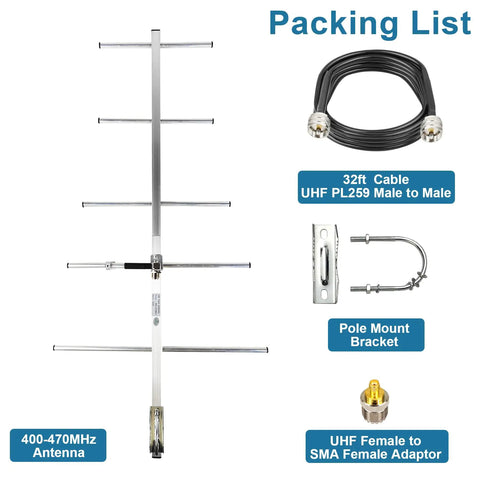 UHF Base Station Antenna 400-470MHz Five Element Yagi With 9 Dbi Gain, 32 Ft Coax Cable, connectors, pole mount bracket
