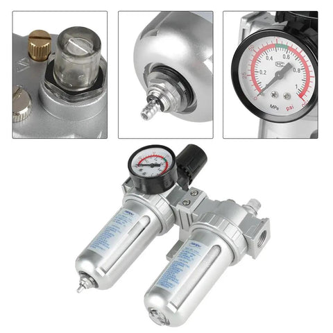 1/2-Inch Air Filter Regulator Lubricator Gauge Kit With Oil Water Separator for Compressed Air Tools shown in close-up view