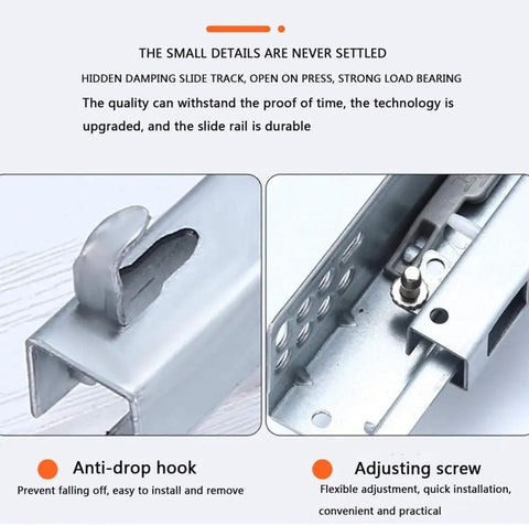 Heavy Duty 350mm Soft Close Drawer Slides With Roller Bearings, anti-drop hook and adjusting screw detail