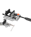 Beefy Clamp Press Vise For Drill Bench With Flat Push Clamping Stainless Steel 100mm Jaw Hand Operated Holding Tool For Precise Drilling Workbench Repair And Parts Securing, angled view with clamp handle