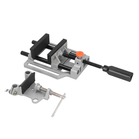 Beefy Clamp Press Vise For Drill Bench With Flat Push Clamping Stainless Steel 100mm Jaw Hand Operated Holding Tool For Precise Drilling Workbench Repair And Parts Securing, angled view with clamp handle