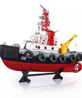 Heng Long 2.4G RC Fire Fighting Boat with Water Spray Cannon, realistic ship model on stand, red and black colors, side view