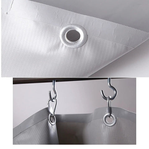 Close-up of hooks and grommet of Track System Divider Curtain for Garage and Workshop, Waterproof Vinyl Partition Tarp