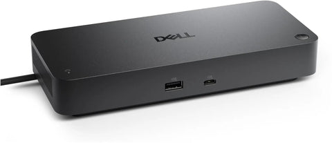 Thunderbolt 5 Smart Dock With 300w Pd Powers Quad 4k 60hz Screens Includes Hdmi And Displayport Cables A sleek black desk hub with connectivity ports.