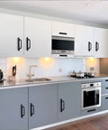 Modern kitchen with 12 Pack Matte Black Cabinet Handles With Base Plate Aluminum Drawer Pulls For Cabinets And Sliding Doors visible