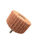 Red Non-Woven Flap Buffing Wheel 180 Grit, 6mm 1/4 Inch Shank Drill Polishing Abrasive, shown from side angle