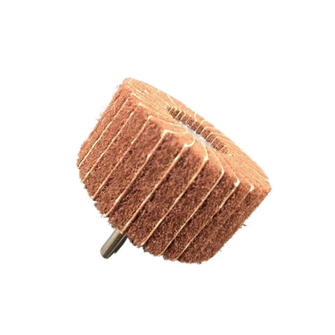 Red Non-Woven Flap Buffing Wheel 180 Grit, 6mm 1/4 Inch Shank Drill Polishing Abrasive, shown from side angle