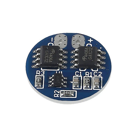 Top Tier Six Piece 2S Lithium Battery BMS Board With 5A Steady And 7A Burst Current Guard For 18650 Cells viewed from above showing components and PCB layout.