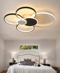 6 Ring Black LED Ceiling Light Fixture With Remote Control 60W Dimmable Flush Mount Chandelier installed in bedroom