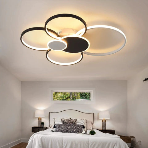 6 Ring Black LED Ceiling Light Fixture With Remote Control 60W Dimmable Flush Mount Chandelier installed in bedroom