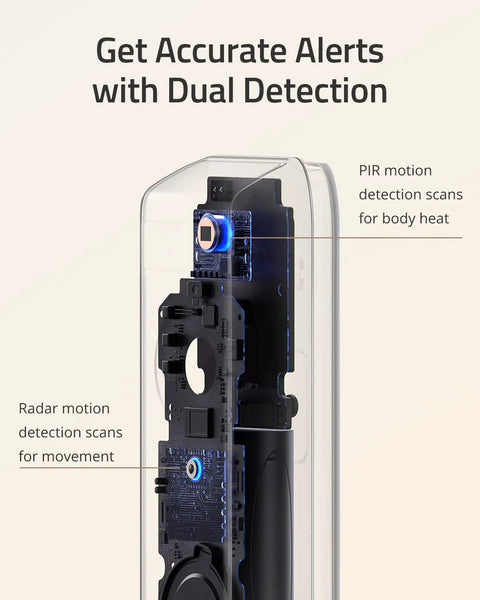 Dual Camera Video Doorbell 2K HD Wireless Battery Powered with HomeBase showing radar and PIR motion detection inside view