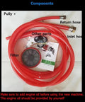 Rugged Heavy Duty Workhorse Three Cylinder Piston Pump components including red hoses, filter, and other parts for high pressure spraying.