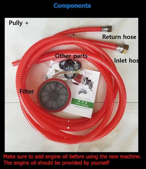 Rugged Heavy Duty Workhorse Three Cylinder Piston Pump components including red hoses, filter, and other parts for high pressure spraying.