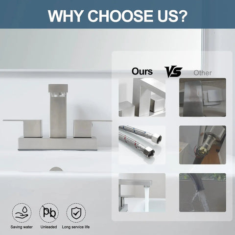 Comparison of 4 Inch Brushed Nickel Centerset Bathroom Faucet With Pop Up Drain, 2 Handle showing construction quality vs competitor