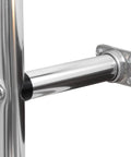 502L Universal Straight RV Exterior Ladder For All Motorhomes With Vertical Rear Panel, Aluminum Construction, Polished Finish, No Fuss Upper And Lower Mounts, Four Adjustable Stands, Fits Any Make Or Model close-up of aluminum ladder mount and support arm
