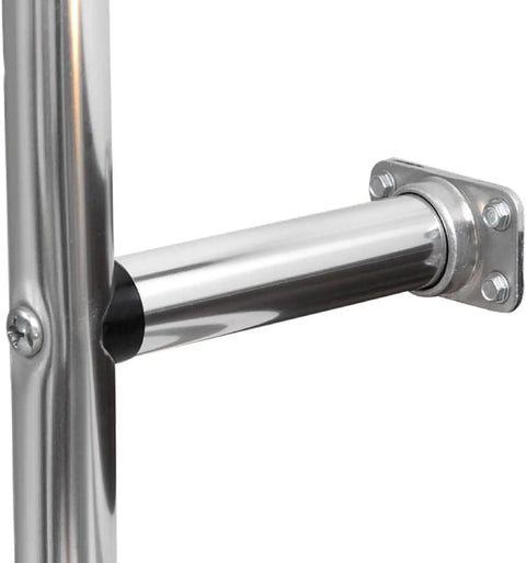 502L Universal Straight RV Exterior Ladder For All Motorhomes With Vertical Rear Panel, Aluminum Construction, Polished Finish, No Fuss Upper And Lower Mounts, Four Adjustable Stands, Fits Any Make Or Model close-up of aluminum ladder mount and support arm