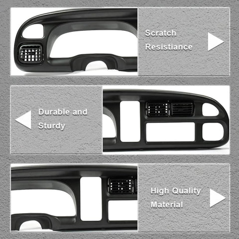 PIT66 Dodge Ram dashboard bezel cover with vents; black plastic, front view; fits 1998–2002 Ram 1500/2500/3500.