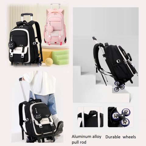 Kids Rolling Backpack With Wheels For School, black nylon trolley bookbag with telescopic handle and durable wheels