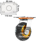 Set Of Four 8 Inch Heavy Duty Solid Rubber Swivel Casters With Brake Puncture Proof Silent Glide Industrial Fixed Plate detailed with dimensions.