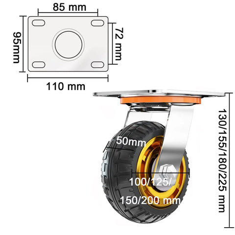 Set Of Four 8 Inch Heavy Duty Solid Rubber Swivel Casters With Brake Puncture Proof Silent Glide Industrial Fixed Plate detailed with dimensions.