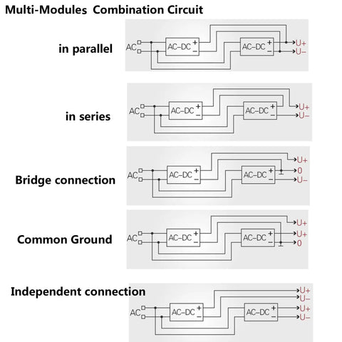 Diagram of multi-module combination circuit showing in parallel, in series, bridge, common ground, and independent connections configurations.