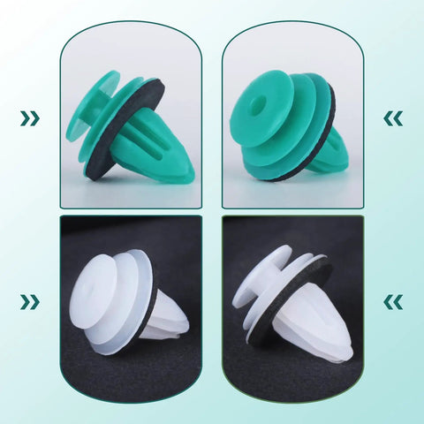 100Pcs Door Panel Retainer Clips 90467-10188 And 90467-A0005 Compatible With Toyota Lexus, green and white clips close-up