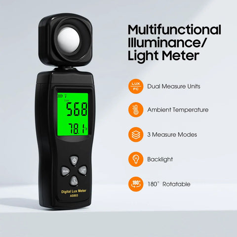 Pro Grade Lux Meter With 0 To 200000 Lux Range And 180 Degree Rotating Sensor, backlit LCD handheld black meter