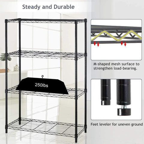Adjustable Heavy Duty Wire Shelving With Four Solid Levels, Sweet Garage Storage Room Game Changer, No Sweat Snap Together Build, Supports Two Hundred Fifty Pounds Per Tier, Thirty Six By Fourteen By Fifty Four Black Finish