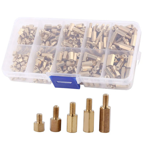 Three Millimeter Brass Standoff Kit For PCBs And DIY Electronics With Hex Male And Female Ends showcasing contents and different sizes in case
