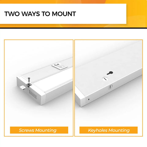 Mounting options for 22 Inch Under Cabinet Lighting You Can Hardwire Or Plug In Five Color Temperatures From 2700K To 5000K 13W 920 Lumens Dimmable High CRI 90 Plus Linkable ETL And Energy Star Certified, showing screws and keyholes mounts.
