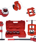 Heavy Duty Portable Ratchet Pipe Threader Kit With 5 Dies For 3/8 To 1-4 Inch Npt Threading, red storage case and manual tools visible.