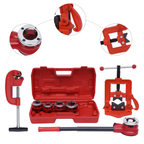 Heavy Duty Portable Ratchet Pipe Threader Kit With 5 Dies For 3/8 To 1-4 Inch Npt Threading, red storage case and manual tools visible.