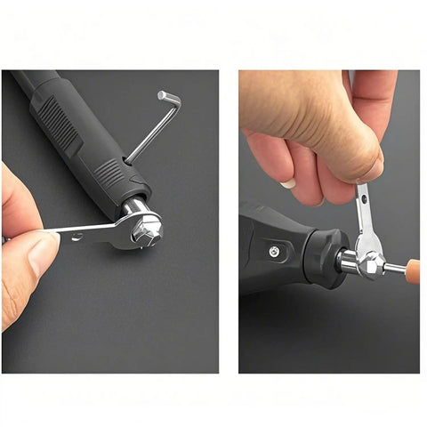 Two views of All-in-One Drill Chuck Collet Set For Rotary Tools 15-Piece Brass Collets 0.8mm To 3.2mm with wrenches adjusting tools