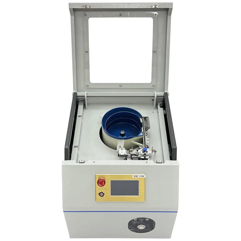 Automatic Terminal Crimping Machine With Color Touch Screen And Auto Vibratory Bowl Feeder For Ferrule Crimping Tool interior view with blue bowl and control panel.