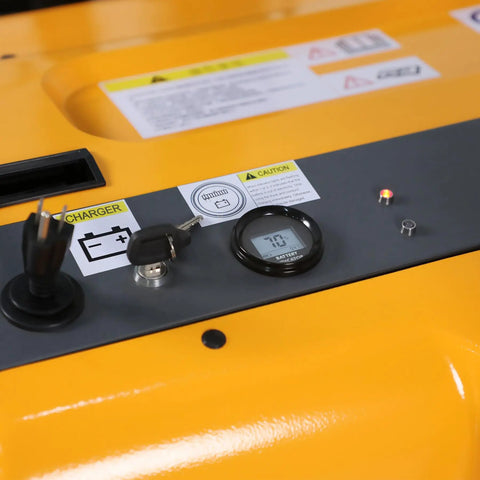 High Capacity 2200lb Full Electric Straddle Fork Stacker With Counterbalanced Design control panel showing charger and battery gauge.