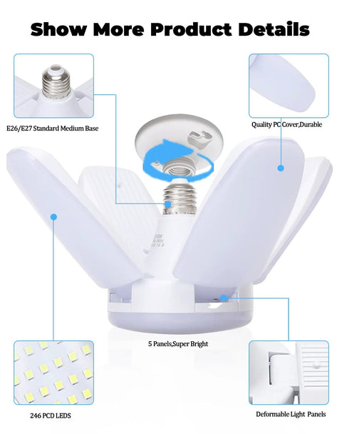 4 Pack Deformable LED Garage Lights With 5 Light Heads For Even Brightness, 6000LM 60W Total Power, E26 Base