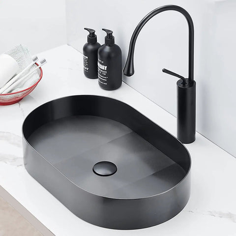 USZWBY Bathroom Vessel Sink Stainless Steel Bathroom Vanity Sink Black Matt Vessel Sink 21.6"X13.7" Above Counter with faucet.