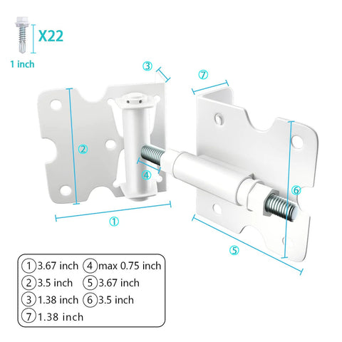 Self-Closing Gate Hinges Pack Of 2 For Vinyl, Wood, And Metal Fences Heavy Duty Steel Hardware with dimensions and screws shown
