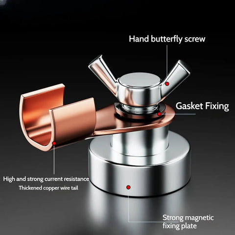 Kick Your Welding Game Up A Notch With This Sleek Magnetic Ground Clamps Tool showing a hand butterfly screw and strong magnet.