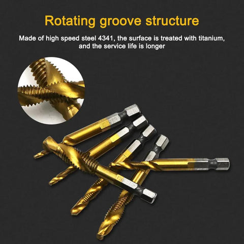 Six Piece Titanium Drill Tap Bit Set With 1/4 Inch Hex Shank For Metric M3 To M10 Taps And Countersink Bits, HSS 4341 High Speed Steel