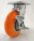 Heavy Duty Kingpinless Swivel Casters Set Of Four With Solid Foot Brakes 6 Inch Orange Polyurethane Wheels side view with brake.