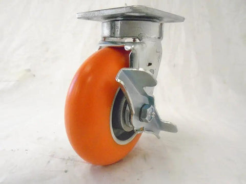 Heavy Duty Kingpinless Swivel Casters Set Of Four With Solid Foot Brakes 6 Inch Orange Polyurethane Wheels side view with brake.