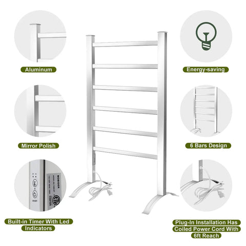 6-bar aluminum design of towel warmer for bathroom with timer, wall mounted plug in, fast drying spa style towel dryer with features labeled.