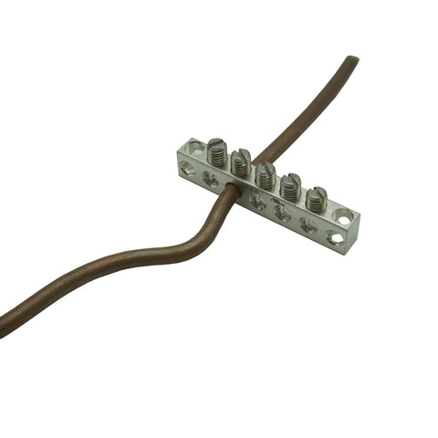 Heavy Duty Aluminum 6061 Ground Bar Kit With Five Terminal Positions And Self Tapping Dovetail Screws, Two Piece Set installed with wire