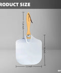 Front view of OVTHMT 12x14 inch aluminum pizza peel with foldable wooden handle and leather strap.