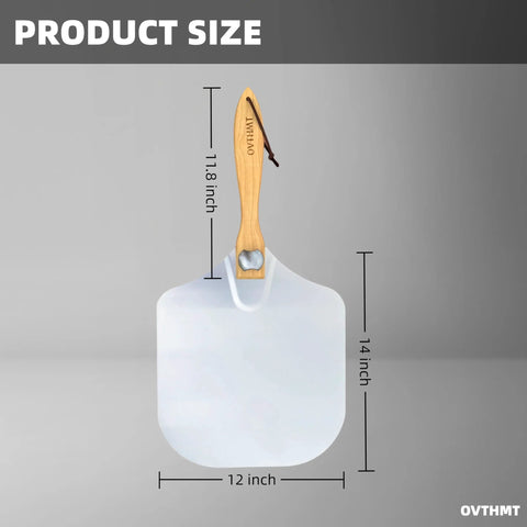Front view of OVTHMT 12x14 inch aluminum pizza peel with foldable wooden handle and leather strap.