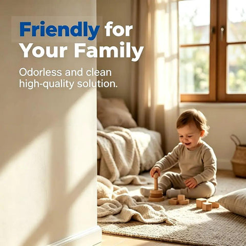 A child playing with wooden blocks on a carpeted floor in a sunny room, with text stating the product is odorless and family-friendly.