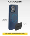Premium Replacement Metal Plate Kit For Universal Magnetic Car Phone Mounts, showing plate placement on a thick phone case.